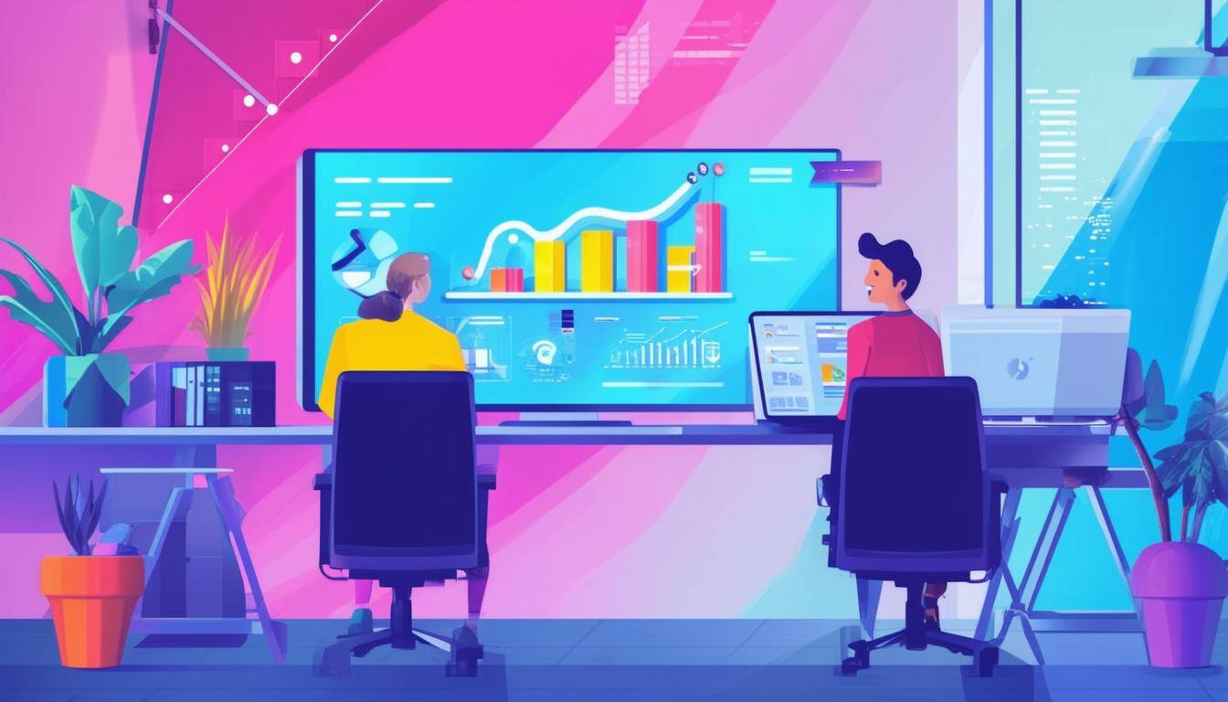 A colorful image of a short onboarding video being watched in the office with graphics on screen