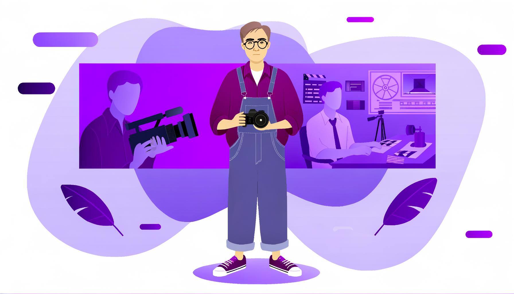 Professional video production man on a purple-themed background ready to make a video for your business. 